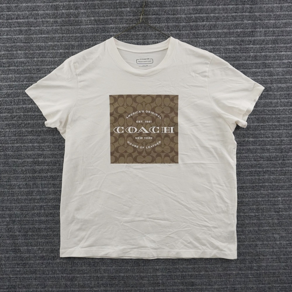 Coach T-Shirt Mens Large Off-White Graphic Logo House of Leather Short Sleeve